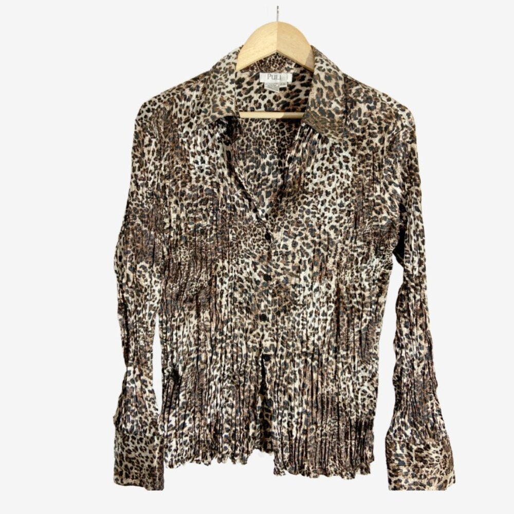 Vintage Y2K Leopard Print Plisse Crinkle Satin Blouse / size Large - Extra Large